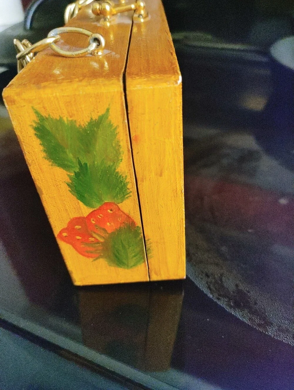 Vintage Mid Century 1960s Wooden Box Purse With Strawberries Painted On It